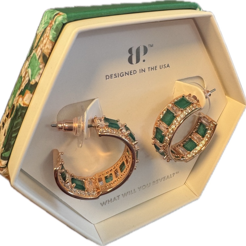 Elegant Emerald Green and Rose Gold Hoop Earrings May Birthday by BP